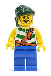 Pirate Minifigure - Pirate with green and white stripes wearing blue legs and a dark green bandana - pi132