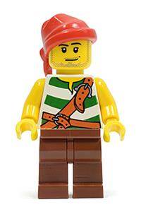 Pirate Minifigure - Pirate with green and white striped outfit, reddish brown legs, and a red bandana - pi134
