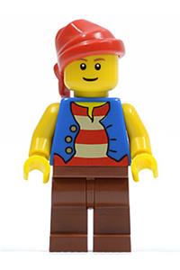 Pirate Minifigure - Pirate wearing a red bandana, blue vest, and reddish brown legs - pi137