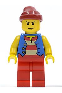 Pirate Minifigure - Pirate with a scowl, wearing a blue vest, dark red bandana, and red legs - pi144
