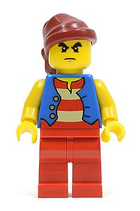Pirate Minifigure - Pirate with blue vest, red legs, dark red bandana, and bushy eyebrows - pi145