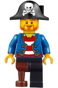 Pirate Minifigure - Pirate wearing a blue jacket, black legs with a peg leg, and a black pirate hat with a skull - pi146
