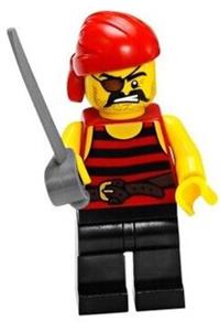 Pirate Minifigure - Pirate 1 with black and red stripes, black legs, and wearing an eyepatch - pi159