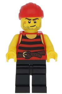 Pirate Minifigure - Pirate 6 with black and red striped outfit, black legs, and a scar - pi167