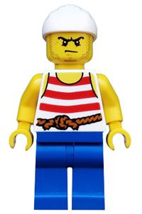 Pirate Minifigure - Pirate 9 with red and white striped shirt, blue legs, and a scowl - pi170