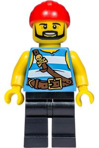 Pirate Minifigure - Pirate with medium blue and white striped outfit and black legs - pi178