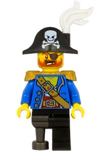 Pirate Captain with bicorne hat with skull and white plume, pearl gold epaulette, blue open jacket, black leg and pearl dark gray peg leg pi185