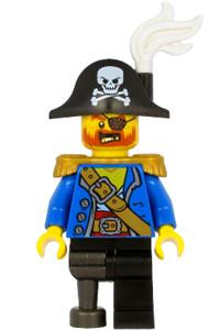 Pirate Captain Minifigure - Pirate Captain with bicorne hat with skull and white plume, pearl gold epaulette, blue open jacket, black leg and pearl dark gray peg leg - pi185