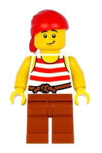 Pirate Minifigure - Pirate with red head wrap, white shirt with red stripes and dark orange legs - pi187