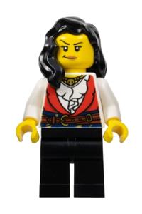 Pirate Minifigure - Female pirate with black hair, wearing a red vest over a white shirt and black legs - pi189
