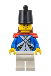 Imperial Soldier IV Minifigure - Male Imperial Soldier IV wearing a black shako hat with red epaulettes, reddish brown moustache, and a backpack - pi193