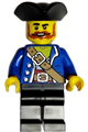 Male pirate with a dark orange beard and moustache wearing a black tricorne, blue open jacket, dark tan belt, and black legs. - pi197