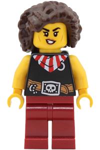 Female Pirate Minifigure - Female pirate with dark brown hair wearing a black top with a red and white striped bandana and dark red legs - pi200