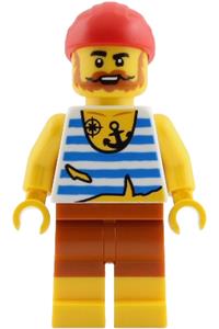 Male Pirate Minifigure - Male pirate with full beard wearing a red bandana, white shirt with tattered hem and blue stripes, and dark orange shorts - pi201