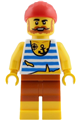 Male pirate with full beard wearing a red bandana, white shirt with tattered hem and blue stripes, and dark orange shorts - pi201