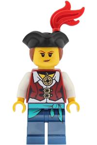 Female Pirate Minifigure - Female pirate with reddish brown hair, black tricorne and red plume, dark red vest over white shirt, dark blue legs with sash - pi202