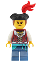 Female pirate with reddish brown hair, black tricorne and red plume, dark red vest over white shirt, dark blue legs with sash - pi202