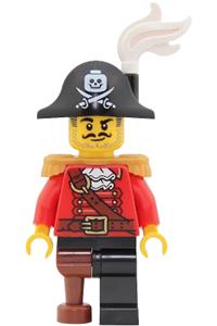 Pirate Captain Minifigure - Male pirate captain; pearl gold epaulettes, red coat with white ruffled collar, black leg, reddish-brown peg leg, white plume, black bicorne with skull and cutlasses - pi203