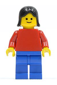Female with Plain Red Torso - Minifigure with plain red torso and red arms, blue legs, and black female hair - pln001
