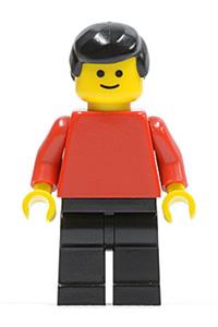 Male Minifigure - Minifigure with plain red torso and arms, black legs, and black hair - pln002