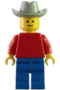 Male Minifigure - Minifigure wearing a light gray cowboy hat with a red torso and arms, along with blue legs - pln003