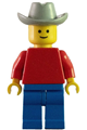 Minifigure wearing a light gray cowboy hat with a red torso and arms, along with blue legs - pln003