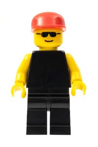 Male with Plain Black Torso - Minifigure with plain black torso and yellow arms, black legs, sunglasses, and a red cap - pln005