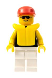 Male Boater Minifigure - Minifigure with plain black torso and yellow arms, white legs, sunglasses, red cap, and a life jacket - pln008
