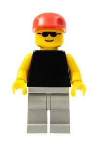 Male with Plain Black Torso - Minifigure with a plain black torso, yellow arms, light gray legs, sunglasses, and a red cap - pln012