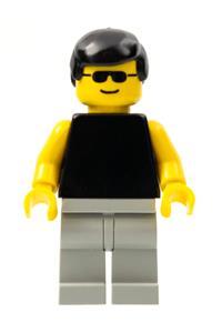 Male with Plain Black Torso - Male with a plain black torso with yellow arms, light gray legs, sunglasses, and black male hair - pln013