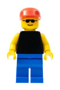 Male with a plain black torso with yellow arms, blue legs, sunglasses and a red cap pln014