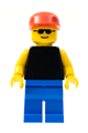 Male with a plain black torso with yellow arms, blue legs, sunglasses and a red cap - pln014