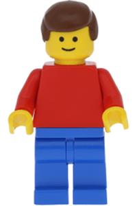 Male Minifigure - Minifigure with a plain red torso and red arms, blue legs, and brown male hair - pln016