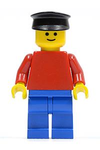 Male Minifigure - Minifigure with a plain red torso, red arms, blue legs, and a black hat - pln017