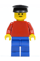 Minifigure with a plain red torso, red arms, blue legs, and a black hat - pln017