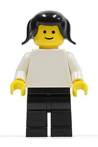 Female  Passanger Minifigure - Minifigure with plain white torso and white arms, black legs, and black pigtails hair - pln019