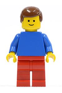 Male with Plain Blue Torso - Minifigure with plain blue torso and arms, red legs, and brown male hair - pln023