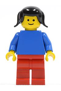 Female with Plain Blue Torso - Minifigure with blue torso and arms, red legs, and black pigtails hair - pln024