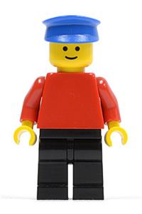 Male Minifigure - Minifigure wearing a plain red torso with red arms, black legs, and a blue hat - pln027
