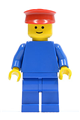 Minifigure with blue torso, arms, and legs, wearing a red hat - pln028