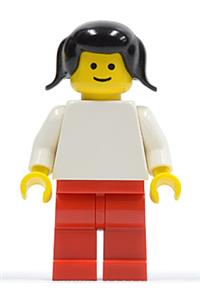 Female Minifigure - Minifigure with a plain white torso and arms, red legs, and black pigtails hair - pln030