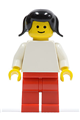 Minifigure with a plain white torso and arms, red legs, and black pigtails hair - pln030