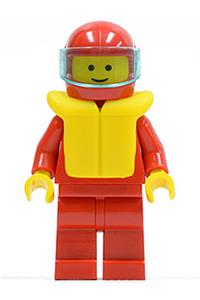 Boat Racer Minifigure - Minifigure with plain red torso, arms, and legs, wearing a red helmet with a trans-light blue visor and a life jacket - pln031