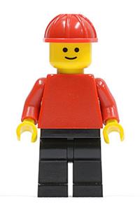 Male Minifigure - Minifigure with plain red torso and arms, black legs, wearing a red construction helmet - pln033