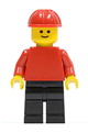 Minifigure with plain red torso and arms, black legs, wearing a red construction helmet - pln033