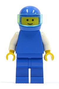 Racer Minifigure - Minifigure with plain blue torso, white arms, blue legs, blue helmet, and a trans-light blue visor - pln034