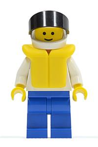 Smuggler Boat Driver Minifigure - Smuggler boat driver wearing a white helmet with black visor, a plain white torso with white arms, blue legs, and a life jacket - pln036