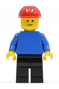 Male with Plain Blue Torso - Minifigure wears a plain blue torso with blue arms, black legs, and a red construction helmet - pln037