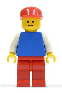 Male Minifigure - Minifigure with a plain blue torso, white arms, red legs, and wearing a red cap - pln038