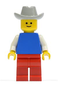 Safari Driver Minifigure - Minifigure with blue torso, white arms, red legs, and a light gray cowboy hat - pln039